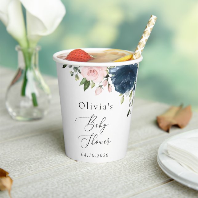 Gobelets En Papier Fleurs Bleues Marine, Fleurs Roses, Baby shower (Insitu)