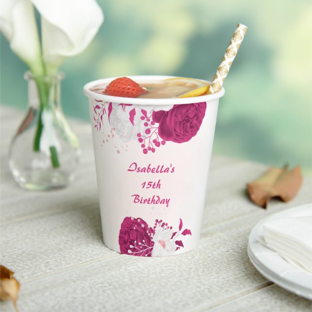 Gobelets En Papier fleurs botaniques rose fuchsia romantiques (Insitu)