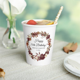 Gobelets En Papier Fleurs d'automne bordeaux mauve pour 70 ans