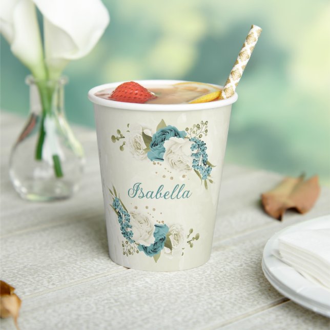 Gobelets En Papier fleurs de blanc bleu verdure  (Insitu)