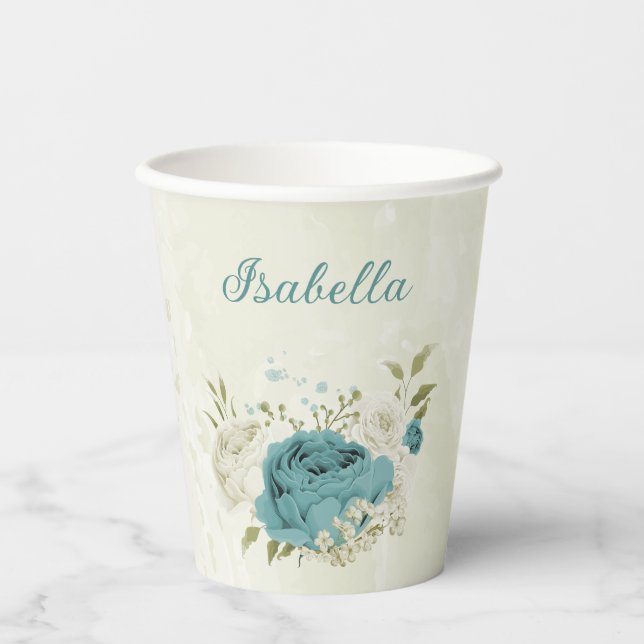 Gobelets En Papier fleurs de blanc bleu verdure  (Recto)