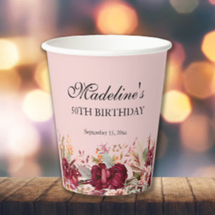 Gobelets En Papier Fleurs de Bourgogne rose pour les 50 ans d'une fem