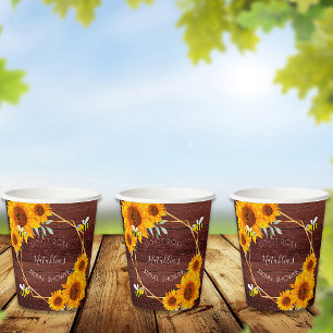 Gobelets En Papier Fleurs de mariage abeilles tournesols bois rustiqu