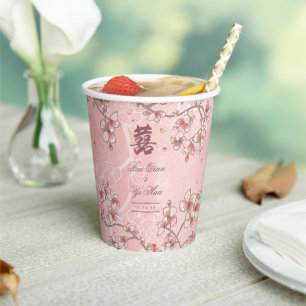 Gobelets En Papier Fleurs de Pêcher Double Bonheur Mariage Chinois