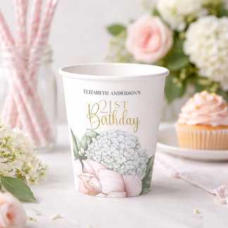 Gobelets En Papier Fleurs de Pivoine Rose Fard Anniversaire 21 Ans