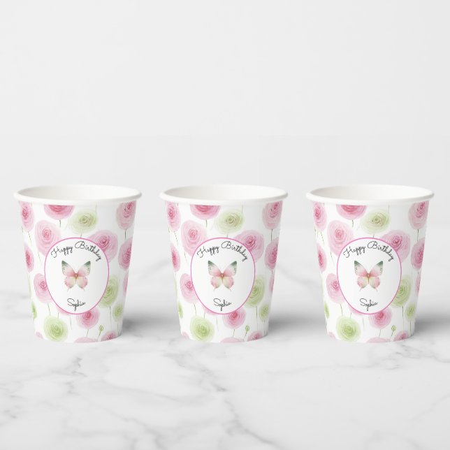 Gobelets En Papier Fleurs de Renoncule Rose Féminin Anniversaire (Multi)