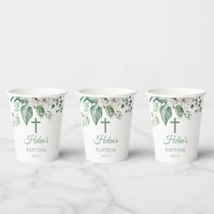 Gobelets En Papier Fleurs de rose blanche Eucalyptus Baptême