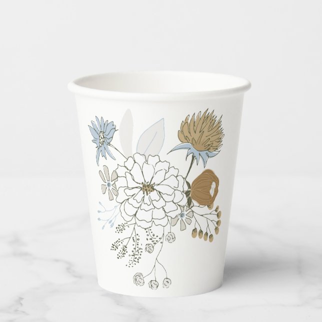 Gobelets En Papier Fleurs d'été bleu gris clair et beige  (Recto)