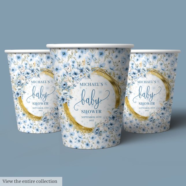 Gobelets En Papier Fleurs d'or pastel bleu pastel classique (Classic pastel blue watercolor flowers gold party Paper Cups)