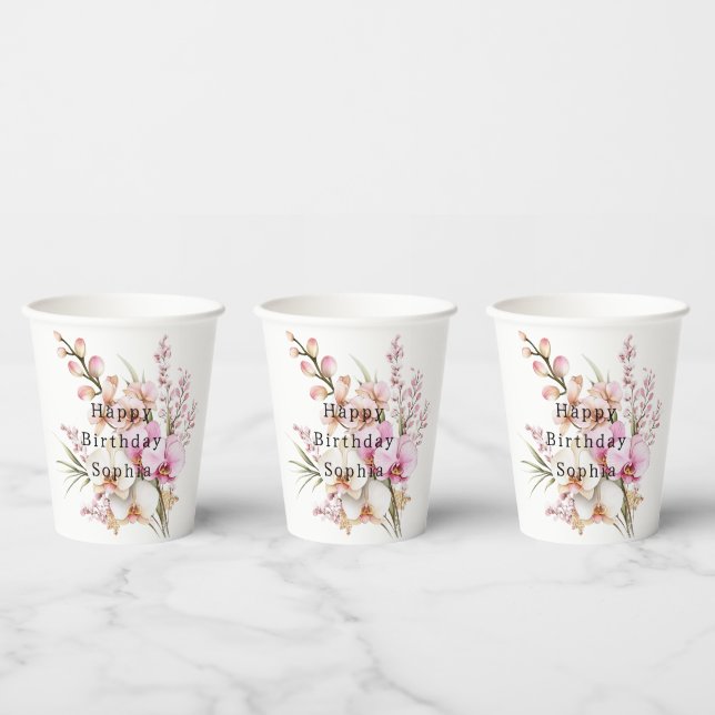 Gobelets En Papier Fleurs d'orchidée rose tropicale Anniversaire (Multi)