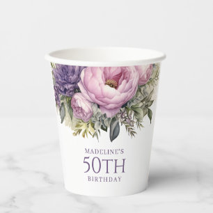 Gobelets En Papier Fleurs élégantes rose violet 50e anniversaire