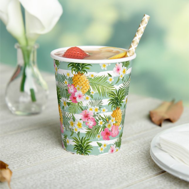 Gobelets En Papier Fleurs et ananas Turquoises rayures (Insitu)