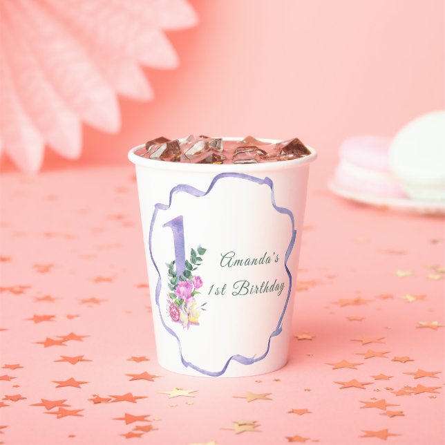 Gobelets En Papier Fleurs et ruban Première fête d'anniversaire (Insitu)