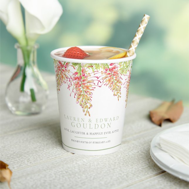 Gobelets En Papier Fleurs Grevillea aquarelle mariage vert blanc (Insitu)