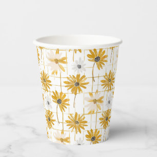 Gobelets En Papier Fleurs jaunes et blanches - Plaid doré déprimé