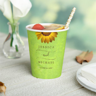 Gobelets En Papier Fleurs jaunes sur Mariage vert Abstrait