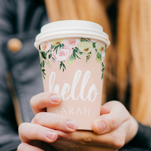 Gobelets En Papier Fleurs Pastel Rose Moderne Bonjour Et Vous Nom (Créateur téléchargé)