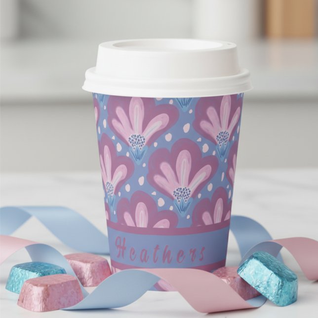 Gobelets En Papier Fleurs peintes à l'aquarelle rose et bleu (Pretty pink and blue with a custom area you can make your own. Goes with any party celebration )
