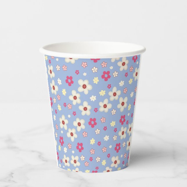 Gobelets En Papier fleurs printanières sur fond bleu (Recto)