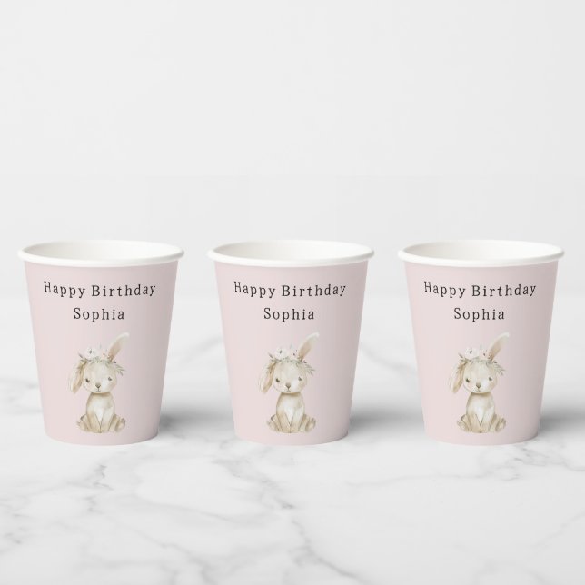 Gobelets En Papier Fleurs Rose Pâle Lapin Anniversaire (Multi)