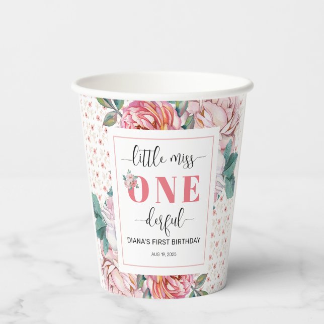 Gobelets En Papier Fleurs roses 1er anniversaire  (Verso)
