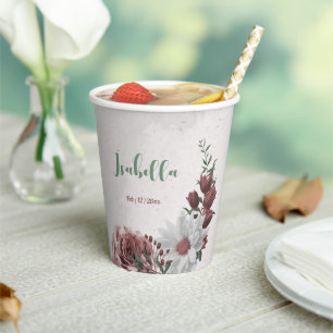 Gobelets En Papier fleurs roses, blanches et cannelle, verdure pour f