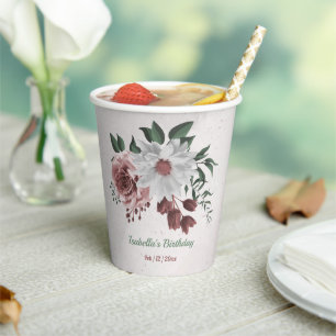 Gobelets En Papier fleurs roses, blanches et cannelle, verdure pour f