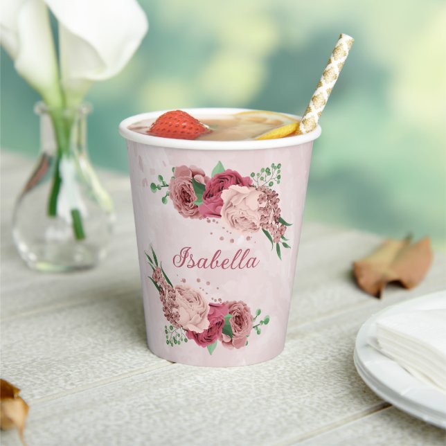 Gobelets En Papier fleurs roses feuilles vertes  (Insitu)