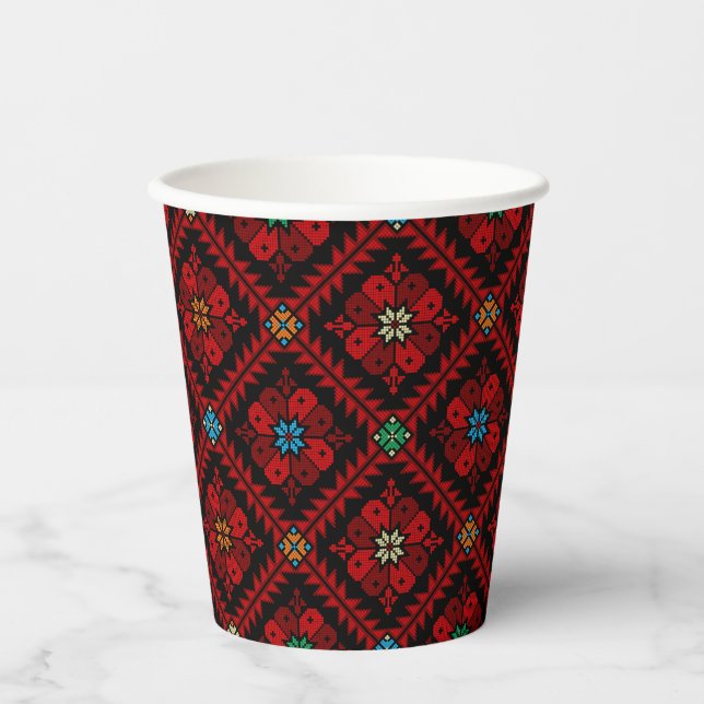 Gobelets En Papier Fleurs rouges Palestine Broderie tatreez Motif (Recto)