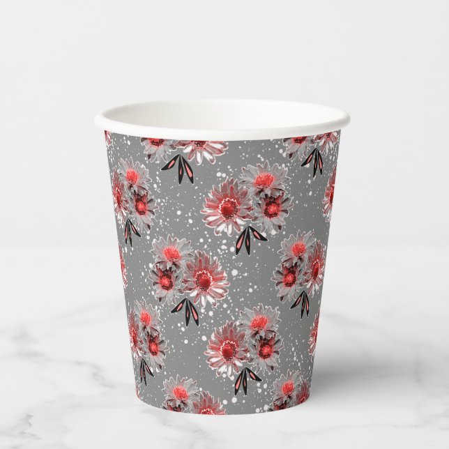 Gobelets En Papier Fleurs rouges sur gris (Recto)