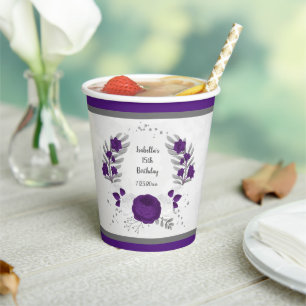Gobelets En Papier fleurs royales violettes et blanches couronne en a