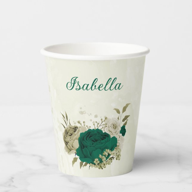 Gobelets En Papier fleurs vert émeraude beige  (Recto)