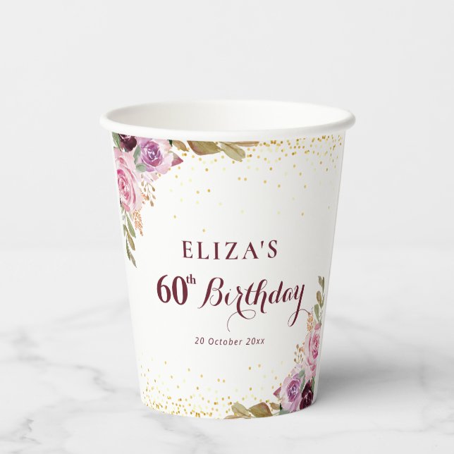 Gobelets En Papier Fleurs violettes 60e anniversaire (Verso)