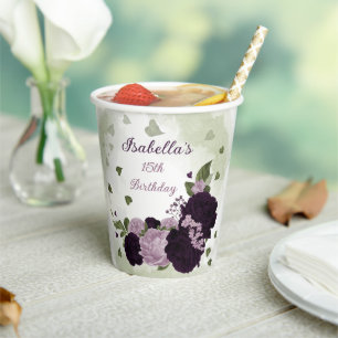 Gobelets En Papier fleurs violettes foncées et claires verdure gobele
