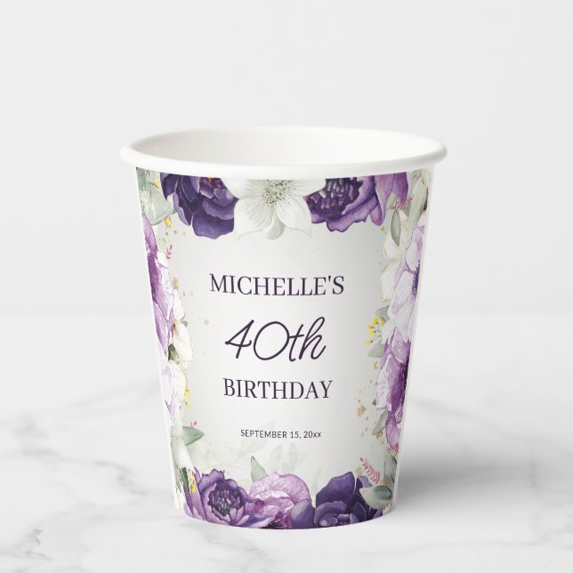 Gobelets En Papier Floral blanc pourpre 40e anniversaire (Recto)