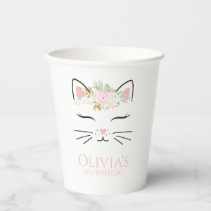 Gobelets En Papier Floral Kitten Anniversaire fêtards visqueux Papier