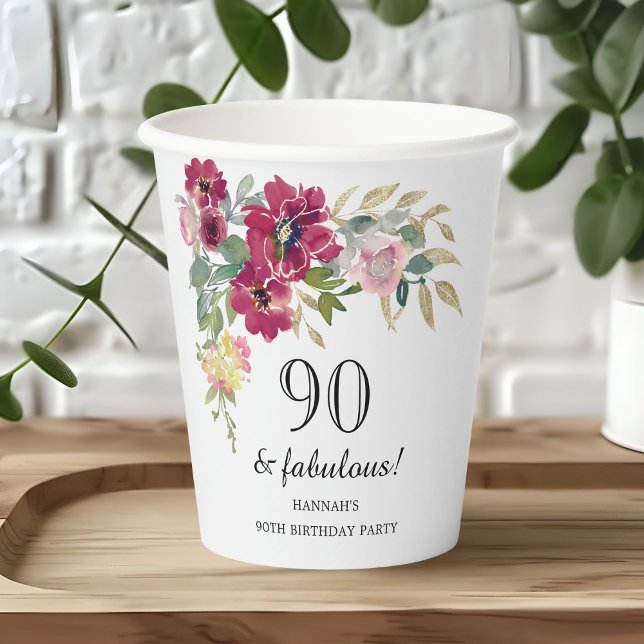 Gobelets En Papier Floral rose Bourgogne 90e anniversaire (Créateur téléchargé)