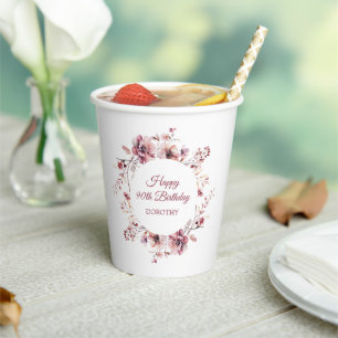 Gobelets En Papier Floral rose Bourgogne personnalisé 90e anniversair