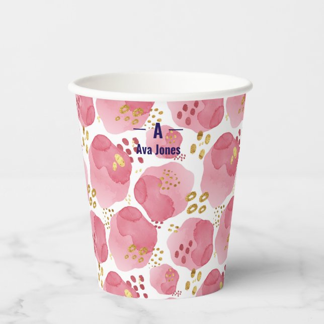 Gobelets en papier floral rose personnalisés – Aqu (Recto)