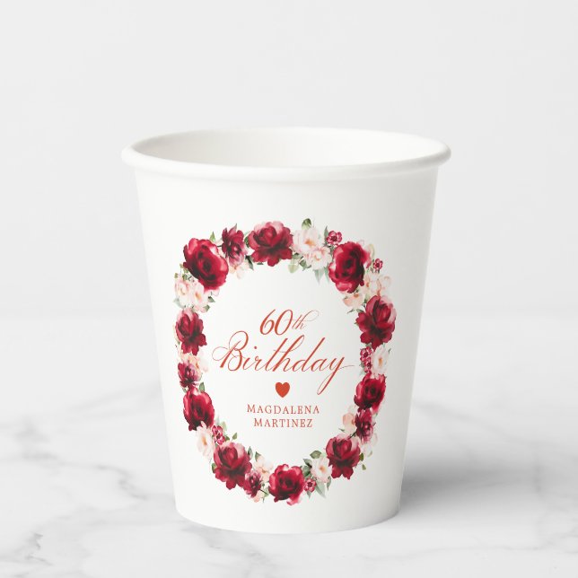 Gobelets En Papier Floral rose rouge 60e anniversaire Personnalisé (Recto)