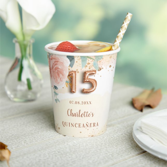 Gobelets En Papier Floraux d'or rose Quinceanera parties scintillant  (Insitu)