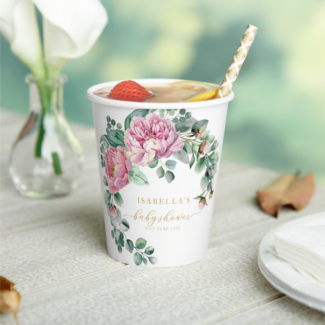 Gobelets En Papier Flore rose pâle et verdure or Baby shower Pa (Insitu)