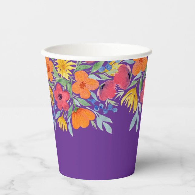 Gobelets En Papier Flores d'aquarelle sur tasses de papier violet (Recto)