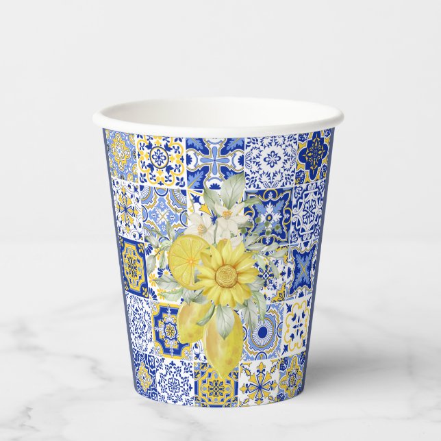 Gobelets En Papier Flores de mosaïque en bleu et jaune (Recto)