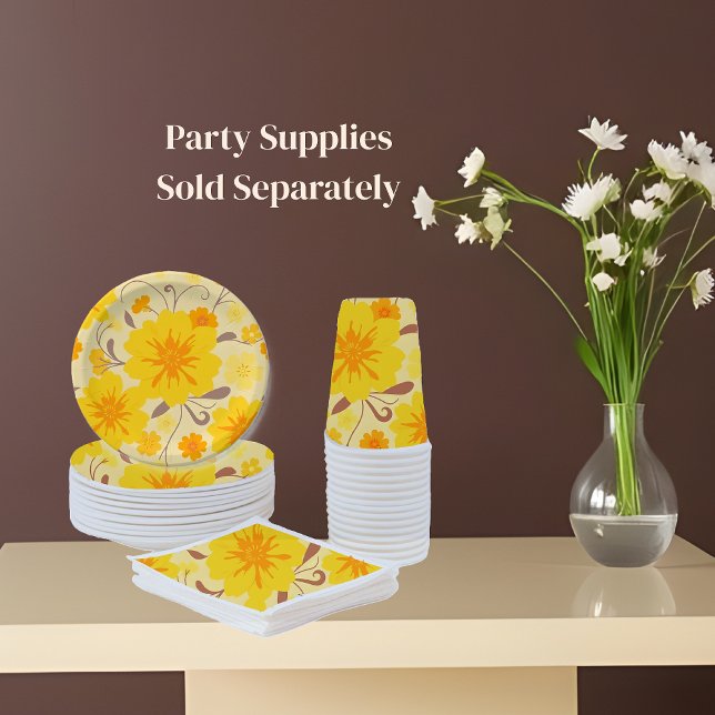 Gobelets En Papier Fournitures Retro Sunshine Fleurs-Jaune (Party Supplies Yellow with orange and mocha mousse plates cups and napkins with background)
