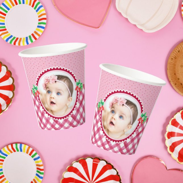 Gobelets En Papier Fraise Berry Premier anniversaire Fille Photo Part (Strawberry First Birthday Photo Girl paper cup)