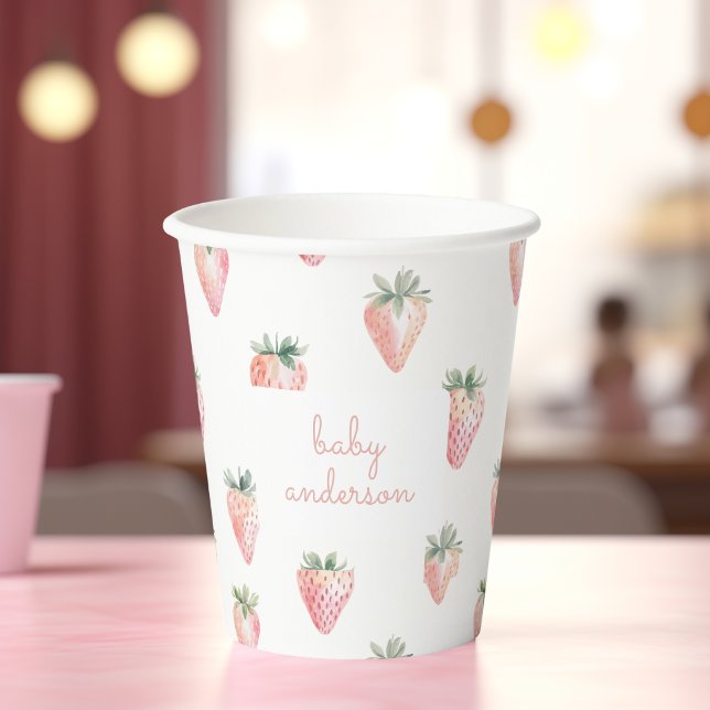 Gobelets En Papier Fraises d'aquarelle - Berry Sweet Baby shower (Coquette pink soft watercolor strawberries in a paper cup for a berry sweet baby shower party.)