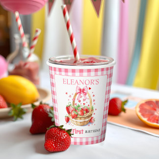 Gobelets En Papier Fraises et ruban rose Berry Premier Anniversaire