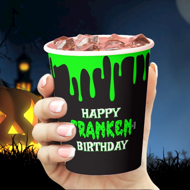 Gobelets En Papier Frankenstein Joyeux anniversaire Halloween Slime v (Frankenstein Happy Birthday Halloween Green Slime Paper Cups)