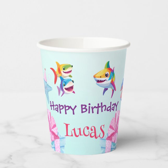 Gobelets En Papier Fun arc-en-ciel requin anniversaire ballon fête fa (Gauche)